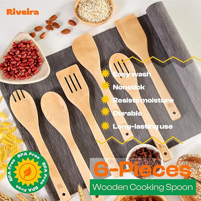 Riveira Maple Wooden Spoons for Cooking Set of 6 – Natural Maple Wooden Cooking - Image 5