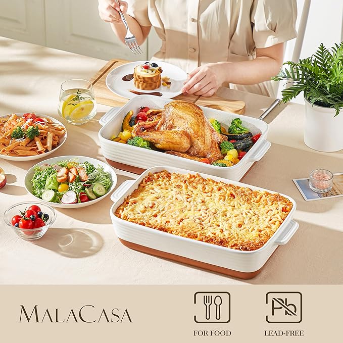 MALACASA Baking Dish 4.8 Qt Ceramic Casserole & Lasagna Pan, 9x13 Inch Deep - Image 3