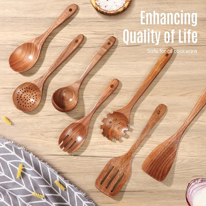 7 PCS Wooden Spoons for Cooking Natural Teak Kitchen Utensils Smooth Non-Stick - Image 7