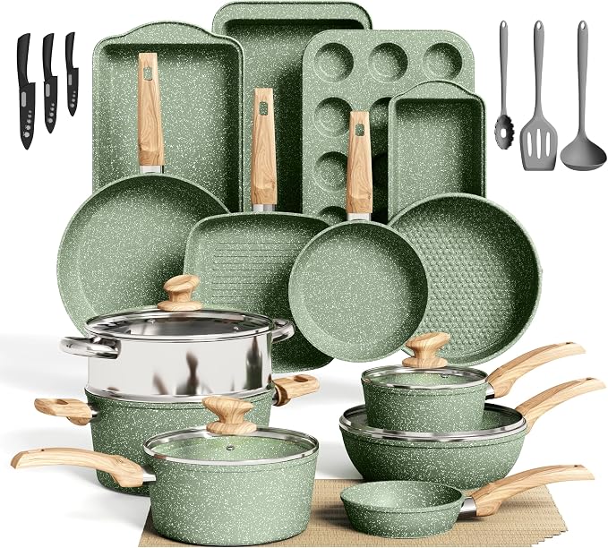 DishDelight Green Pots and Pans Set Non Stick, 30 Piece Induction Kitchen by DishDelight