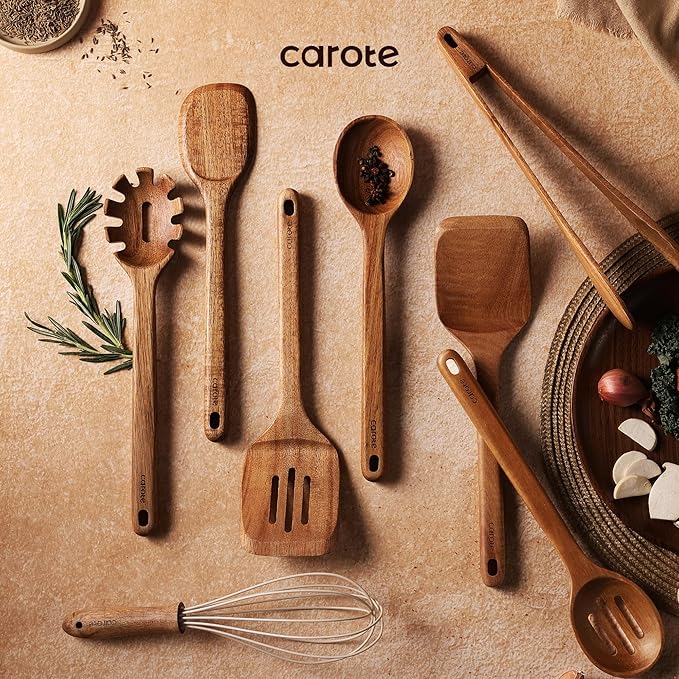 CAROTE Wooden Kitchen Utensils Set, Acacia Wood 8pcs Cooking Utensil Set - Image 6