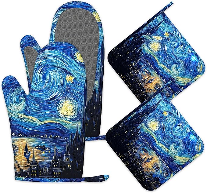 Starry Night Oven Mitts and Pot Holders Set of 4, Heat Resistant Non Slip by Unknown