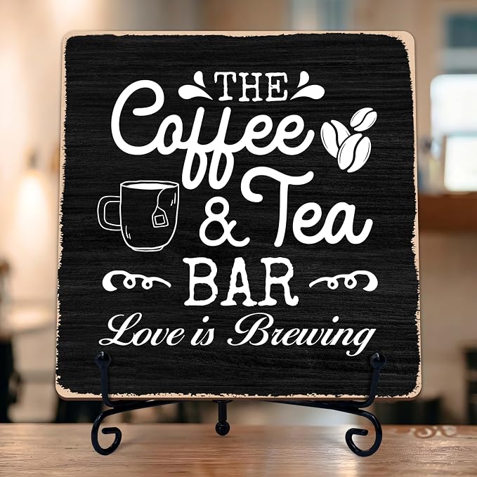Coffee Bar Sign, Love is Brewing Farmhouse Tabletop Decor, Coffee and Tea Lover by TIRYWT