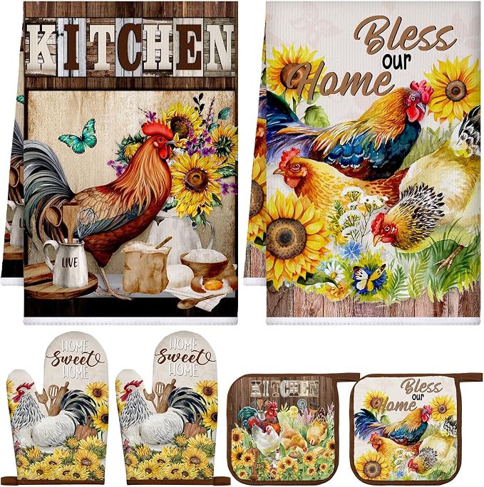 Leinuosen 6 Rooster Sunflower Farmhouse Kitchen Decor Dish Towels Oven Mitts by Leinuosen