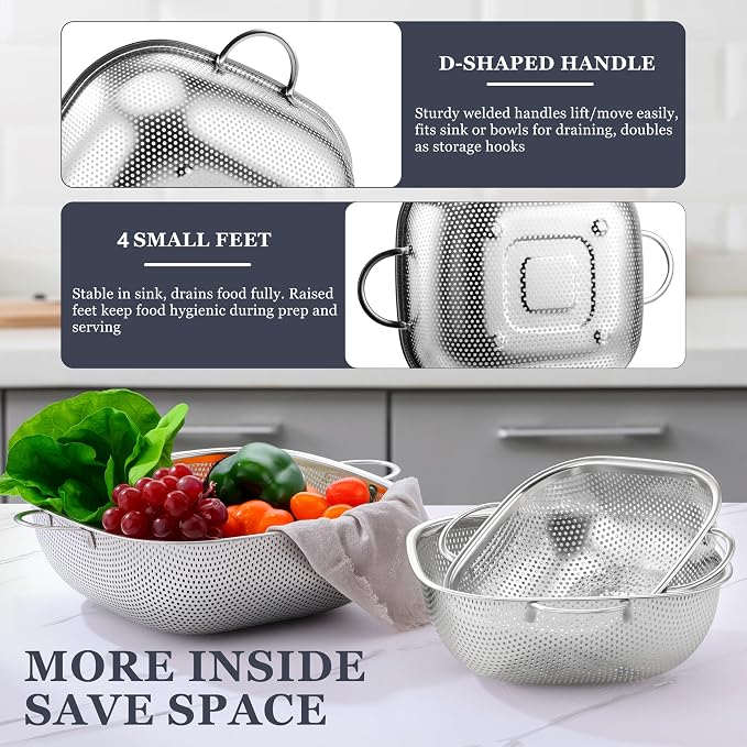 E-far 3 Pack Colander for Kitchen, Square Stainless Steel Metal Strainer - Image 5