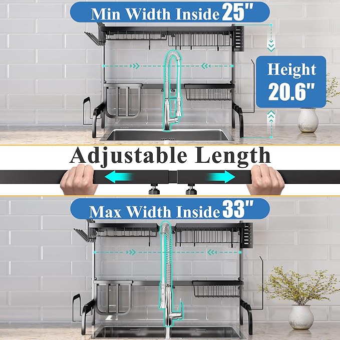 SAYZH Over The Sink Dish Drying Rack, Adjustable 2 Tier Metal Steel Dish Drying - Image 3