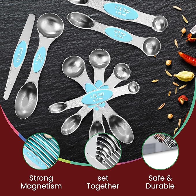 Magnetic Measuring Spoons Set of 9 Stainless Steel Dual-Sided Stackable - Image 6