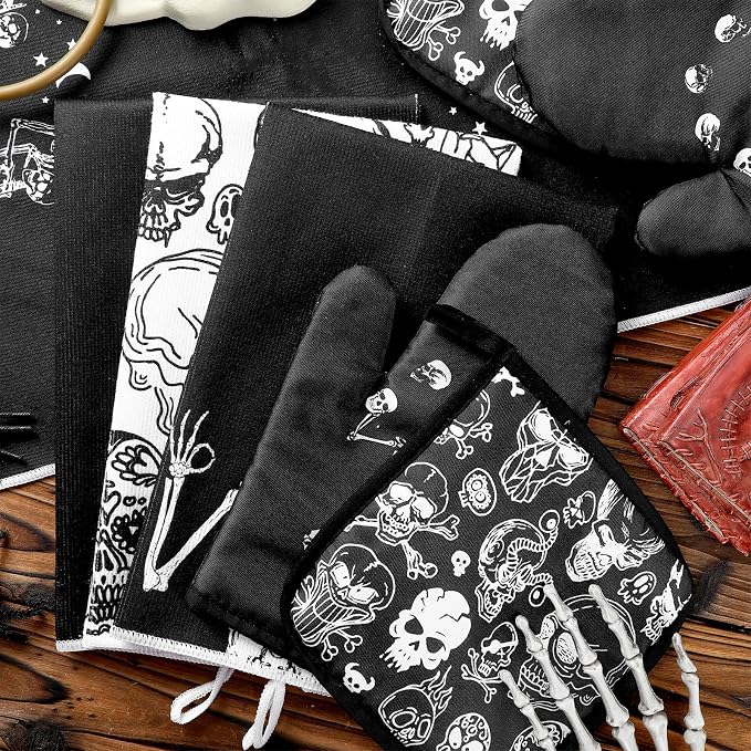 Leinuosen 8 Pcs Skull Kitchen Decor Set Kitchen Towels Gothic Oven Mitts and - Image 7