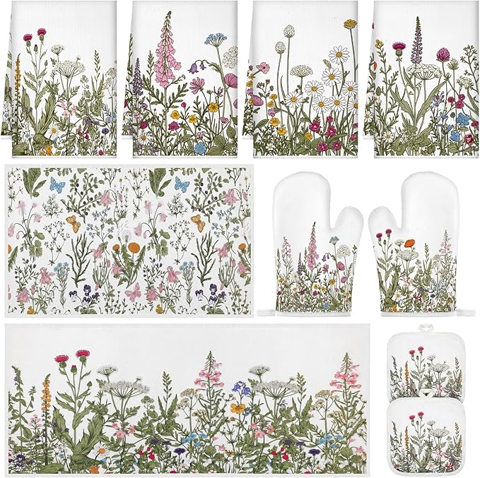 Fanfanwin 10 Pcs Wildflower Kitchen Decor Set Floral Kitchen Towels and Rugs by Fanfanwin