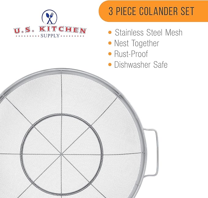 U.S. Kitchen Supply Set of 3 Stainless Steel Colander Strainers Net Baskets 5 - Image 4