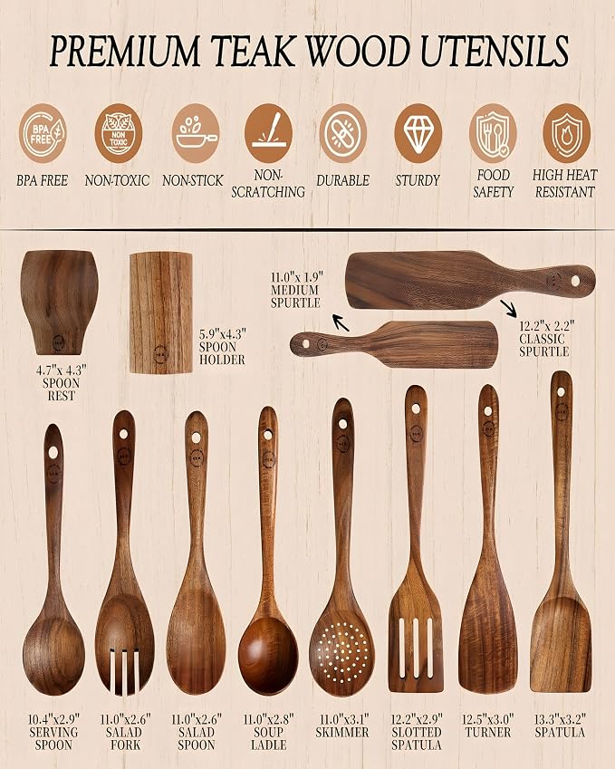 12-Piece Natural Teak Wood Utensil Set - Image 3