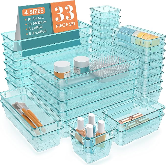 StorMiracle 33 PCS Clear Plastic Drawer Organizers Set, 4 Size Desk Drawer by StorMiracle