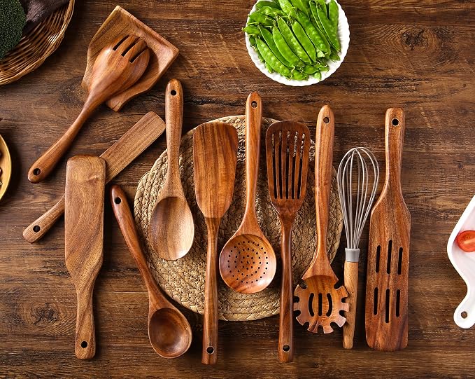 Kitchen Utensils Set, NAYAHOSE 12 Pcs Teak Wooden Cooking Spoons Spatula - Image 3