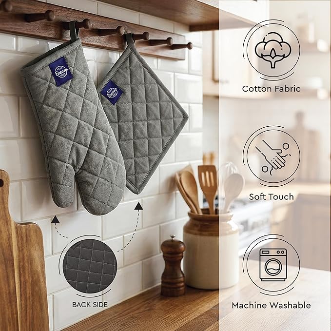 Encasa XO Heat Resistant 100% Cotton Oven Glove & Potholder Set - Image 4