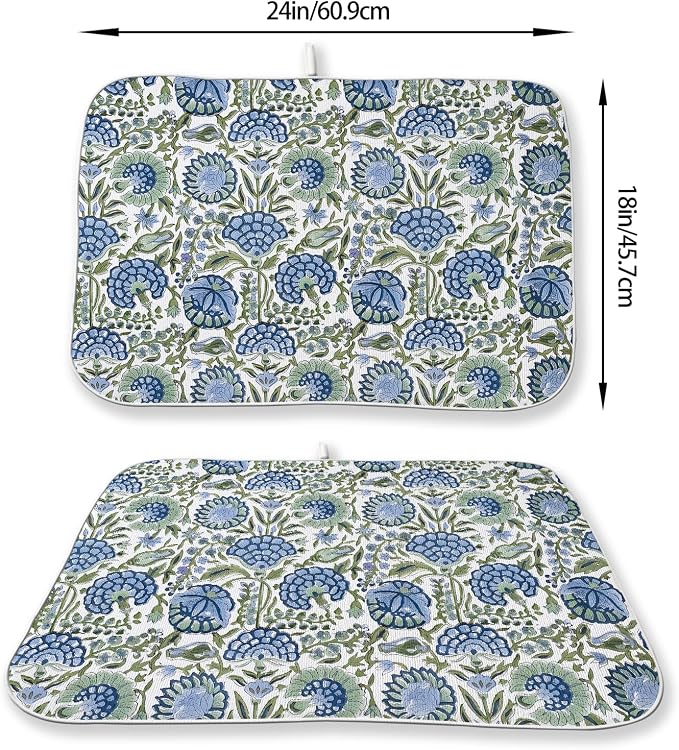 Boho Navy Blue Sage Green Dish Drying Mat 18x24 Inch Vintage Floral Drying Mat - Image 2