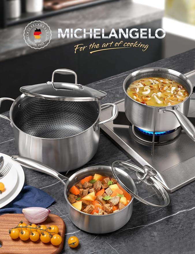 MICHELANGELO 6 Pcs Tri-ply Stainless Steel Pot Set, 2QT & 3QT & 8QT Pot - Image 4