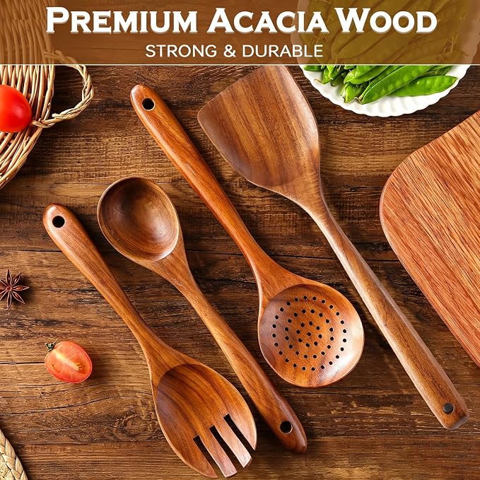 Wooden Spoons for Cooking 7Pcs Natural Acacia Wooden Utensils Set, Wooden Spoon - Image 3