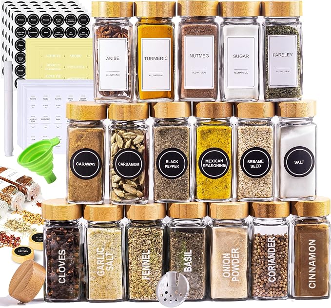 Glass Spice Jars with Label Set, Bamboo Lids & Funnel by LERAZE