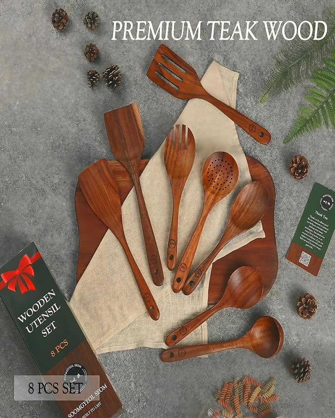 8-Piece Natural Teak Wood Utensil Set - Image 2