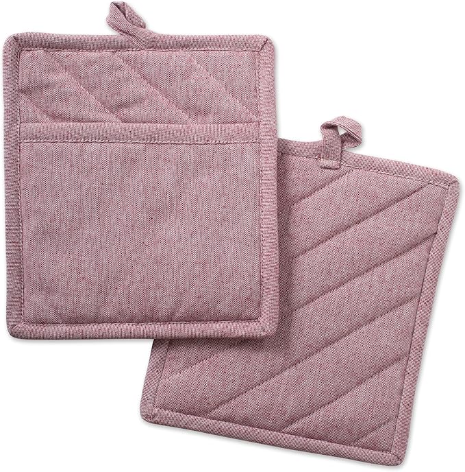 DII 100% Cotton Solid Chambray Kitchen Set, Potholders, Barn Red, 2 Piece by DII