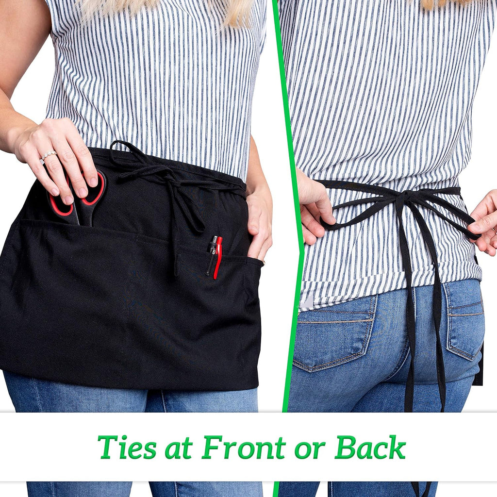 3 Pack Server Aprons with 3 Pockets - Waist Apron, Waitress Apron for