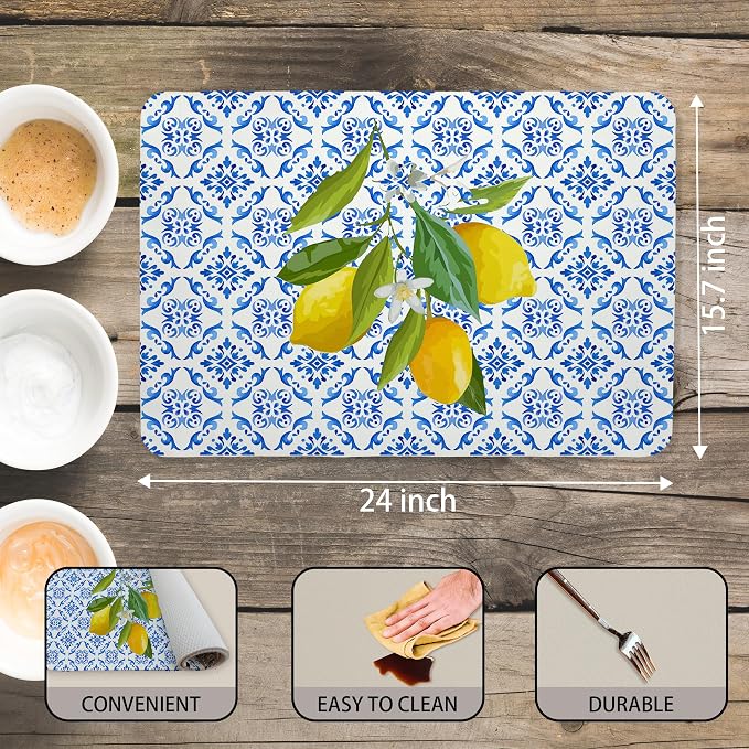 Blue and White Floral Lemon Dish Drying Mat, Mediterranean Tiles Coffee Bar Mat - Image 3