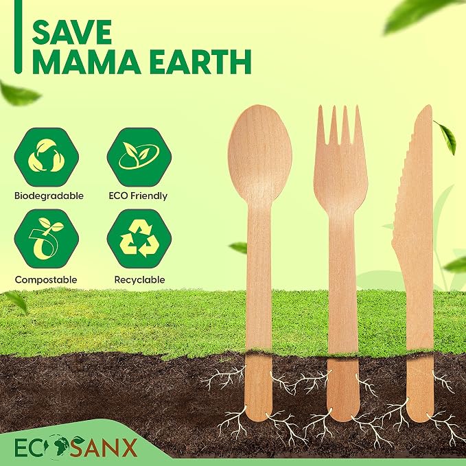 ECOSANX® 200 PCs Disposable Wooden Cutlery set 6.5" Splinter Free Compostable - Image 7