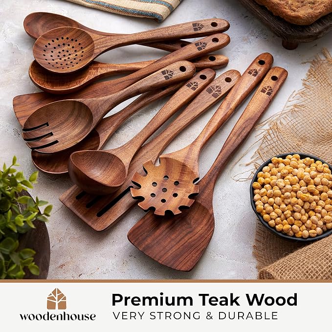 Wooden Spoons for Cooking – 10 Pcs Teak Wood Utensil Set, Nonstick Safe & Heat - Image 3