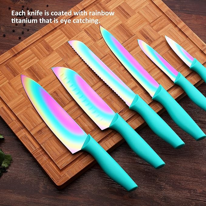 Marco Almond Kitchen Knife Set, KYA37 12-Piece Rainbow Titanium Stainless Steel - Image 7