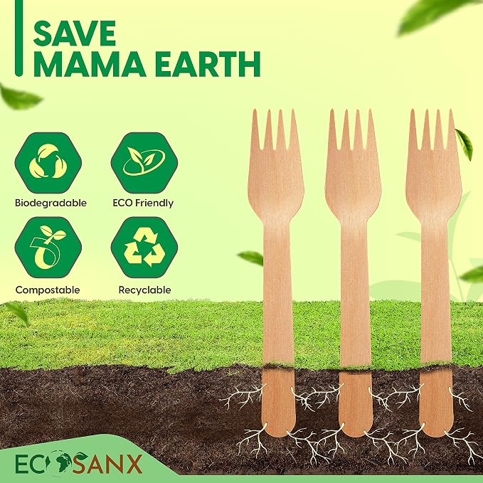ECOSANX® 120 PCs Wooden forks for eating 6.5" Splinter Free Compostable Forks - Image 7
