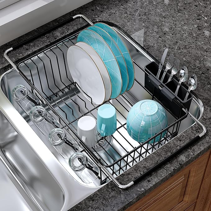 Dish Drying Rack Over the Sink In Stainless Steel Black Expandable Drainer by JASIWAY