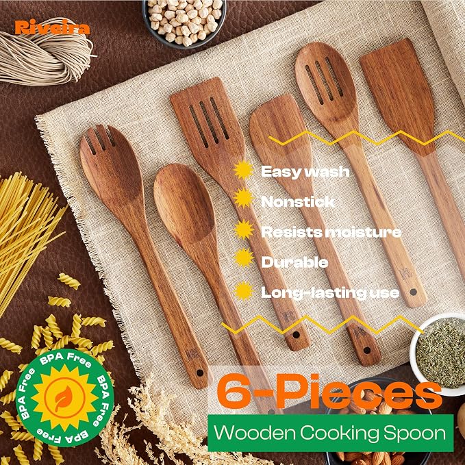 Riveira Teak Wooden Spoons for Cooking Set of 6 – Natural Teak Wooden Cooking - Image 5