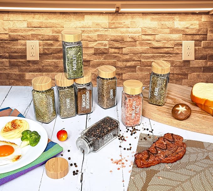 Glass Spice Jars with Label Set, Bamboo Lids & Funnel - Image 8